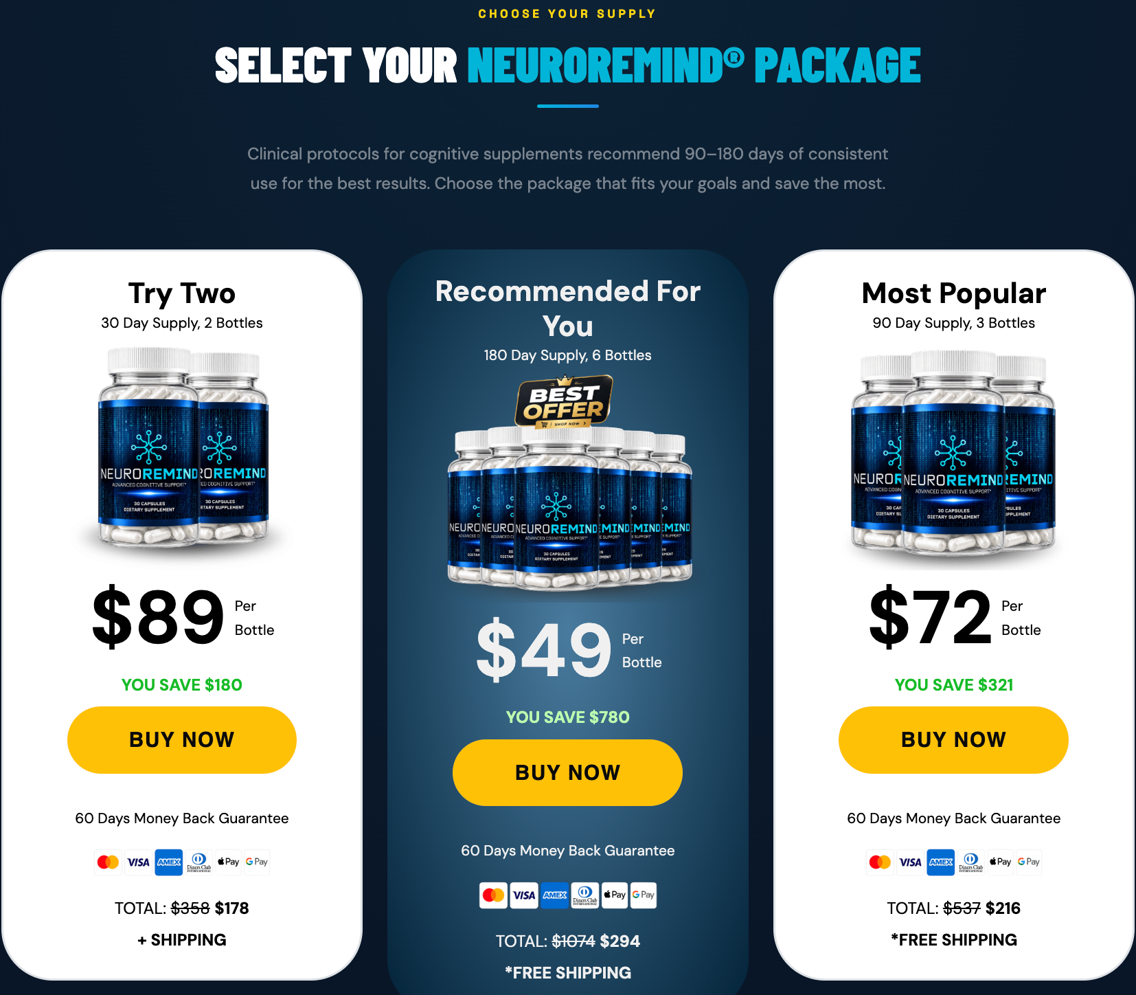 NeuroRemind pricing packages – 2, 3 and 6 bottle bundles