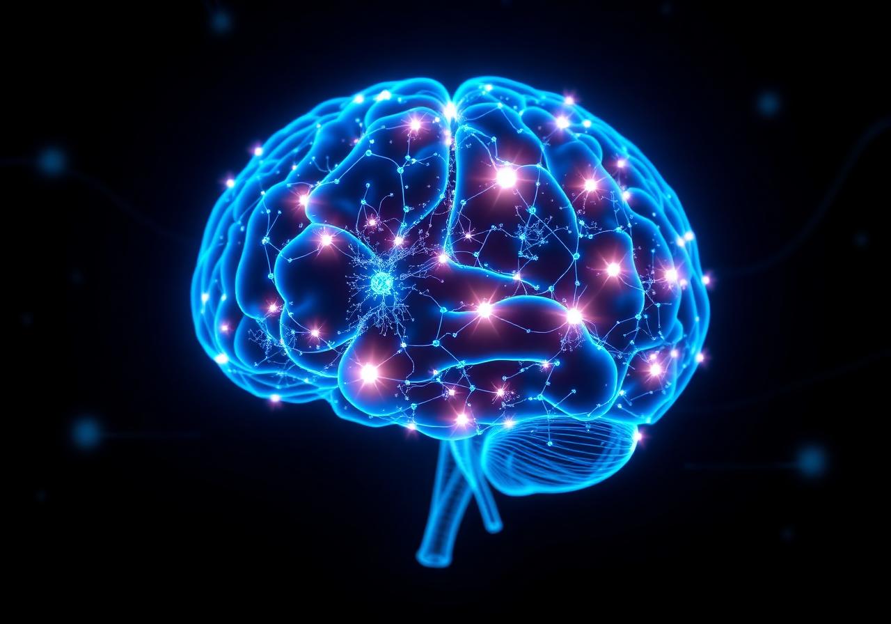 Illustration of an active human brain with neural network lighting up